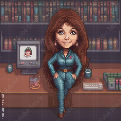 Pixel art of a woman working at her computer desk