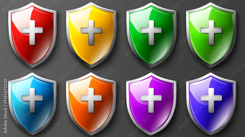 Fototapeta premium Health insurance icon Insurance health medical health protection shield with cross set icons healthcare medicine protected guard shield concept safety badge icon security safeguard label