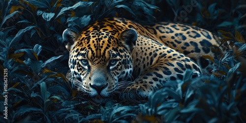 A majestic leopard lounges stealthily among lush green foliage, showcasing its striking coat and keen gaze, embodying the essence of wildlife in its natural habitat. photo