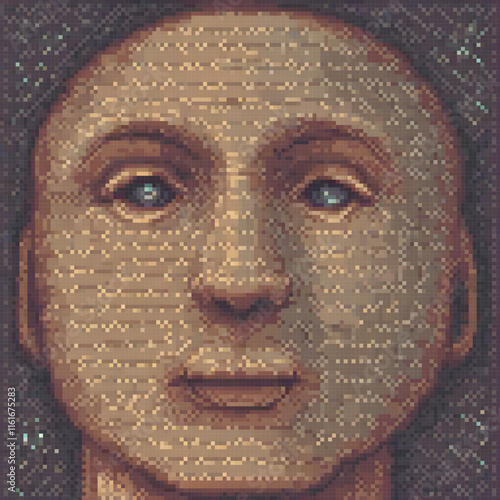 Pixel art cross stitch pattern of a womans face