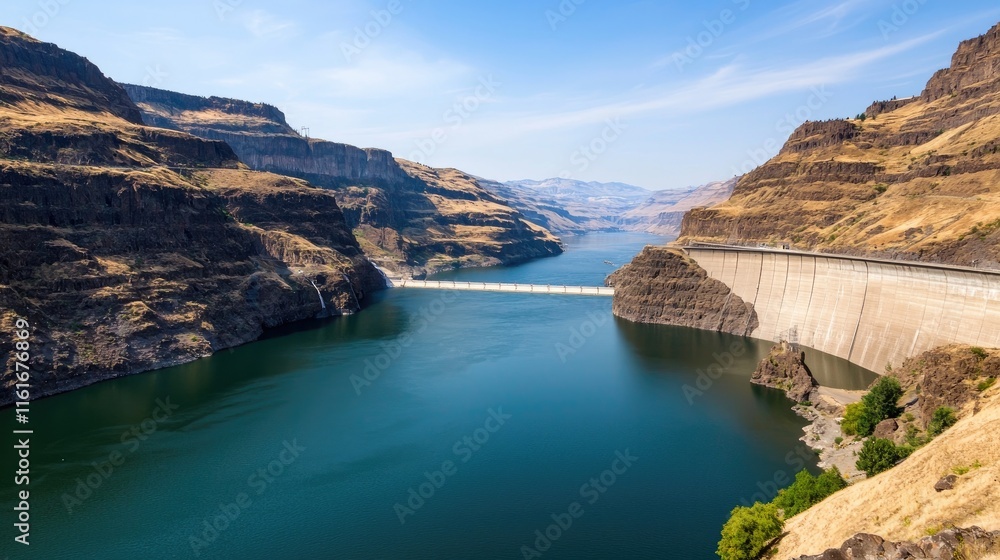 A stunning landscape featuring a serene river surrounded by steep, rocky cliffs under a clear blue sky. A stunning landscape featuring a serene river surrounded by steep, rocky cliffs under a clear blue sky.