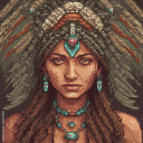 Stunning pixel art cross stitch pattern featuring a woman adorned with feathered headgear.