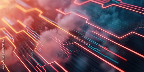 A vibrant digital landscape featuring neon lines and clouds, evoking a sense of futuristic technology and connectivity.