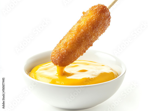 Delicious corndog dipped in rich yellow cheese sauce, perfect for a tasty snack or party treat. photo