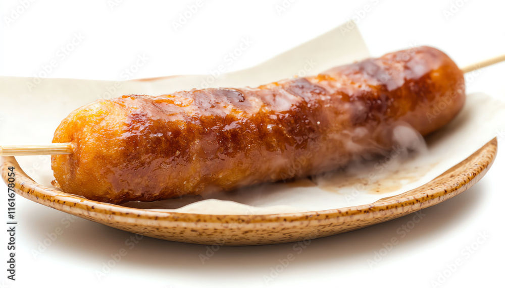 Delicious golden-brown skewer of savory snack served on a plate, ideal for street food lovers and food photography. Delicious golden-brown skewer of savory snack served on a plate, ideal for street food lovers and food photography.