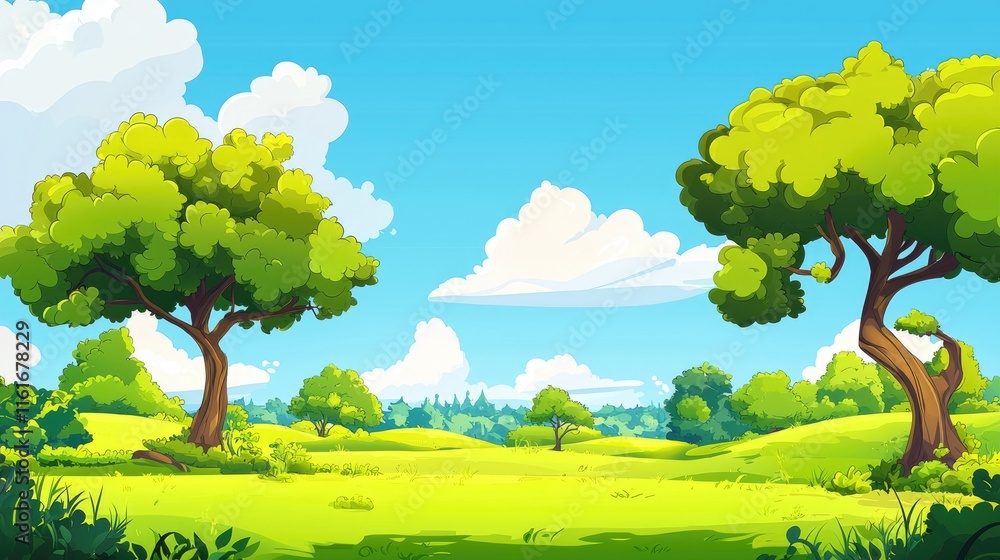A Sunny Meadow with Lush Green Trees and a Blue Sky, 2d cartoon for game background and cartoon cover book