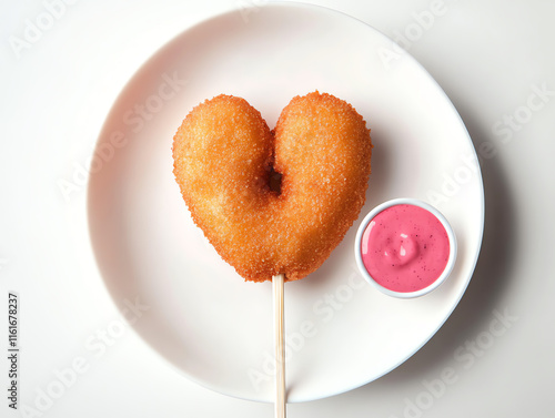 Delicious heart-shaped fried snack served with a vibrant pink dipping sauce on a white plate. photo