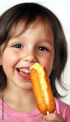 Joyful child smiling while enjoying a delicious treat, radiating happiness and innocence. photo