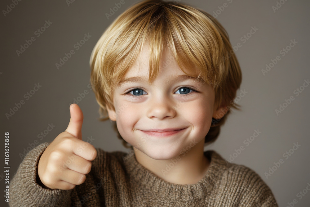 happy 6 year old boy with blonde hair gives thumbs up, wearing cozy sweater. His bright blue eyes and cheerful smile radiate joy and positivity happy 6 year old boy with blonde hair gives thumbs up, wearing cozy sweater. His bright blue eyes and cheerful smile radiate joy and positivity