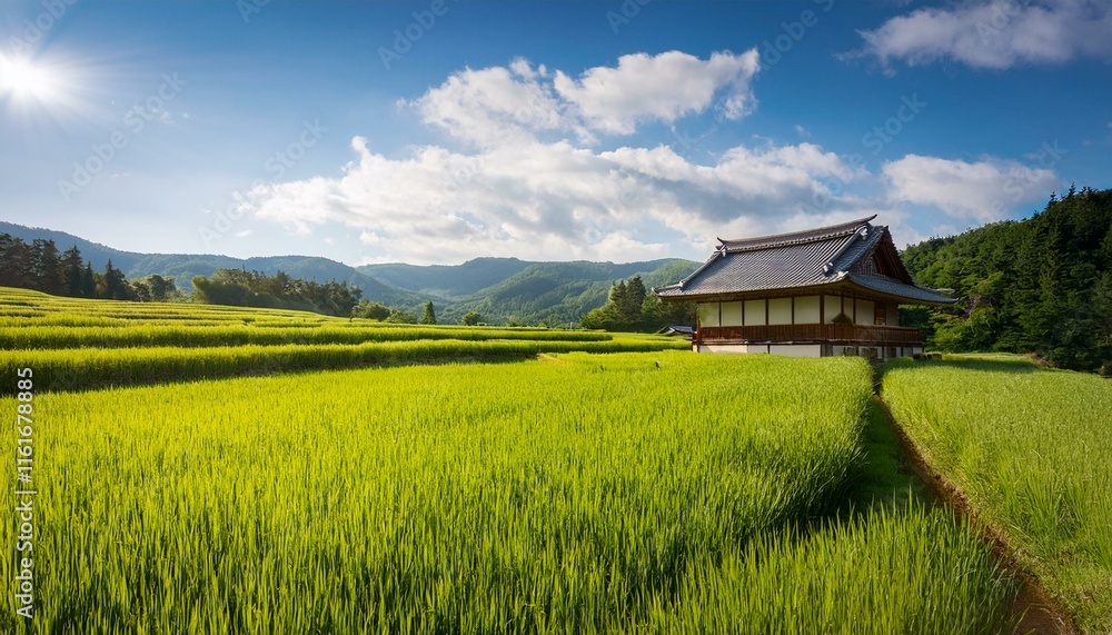 夏の田園:青空と緑の稲穂の風景 夏の田園:青空と緑の稲穂の風景