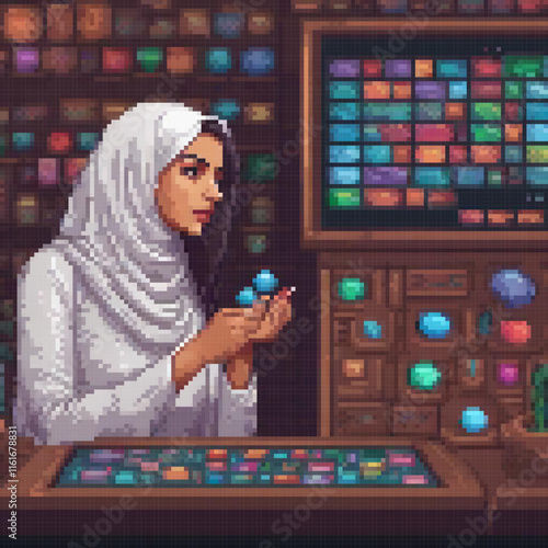 Pixel art of a woman in a white headscarf engaging in a classic game.