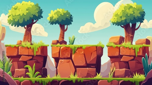 Cartoon Cliffside Landscape with Green Trees, 2d cartoon for game background and cartoon cover book photo