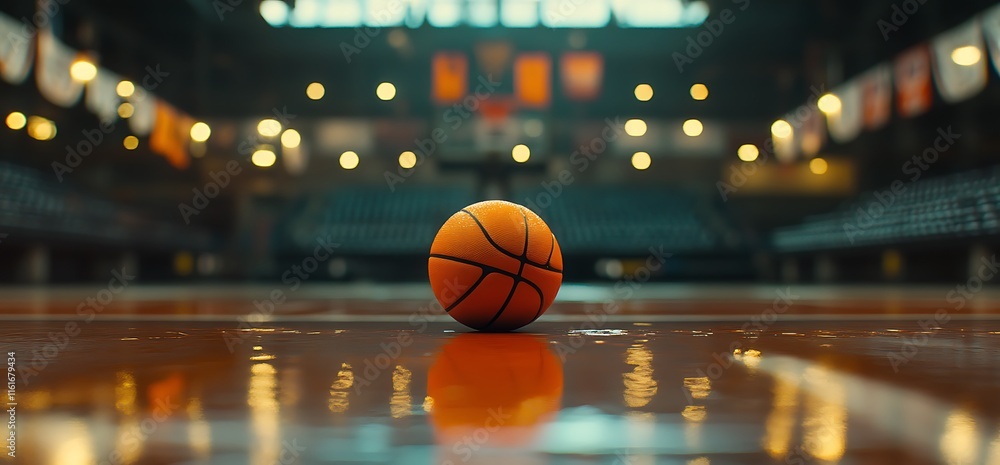 A basketball rests on a polished court, illuminated by soft arena lights. A basketball rests on a polished court, illuminated by soft arena lights.