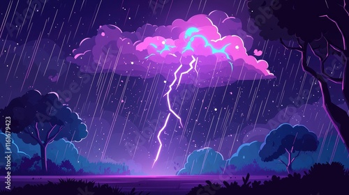 A vibrant, digital illustration of a storm with a bright, white lightning bolt splitting a pink cloud in the night sky above a forest.