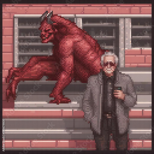 Pixel art depicting a man facing a fiery red demon before a cityscape building.