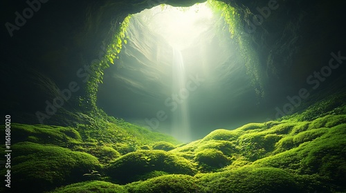 Sunbeam illuminating mossy cave floor. photo