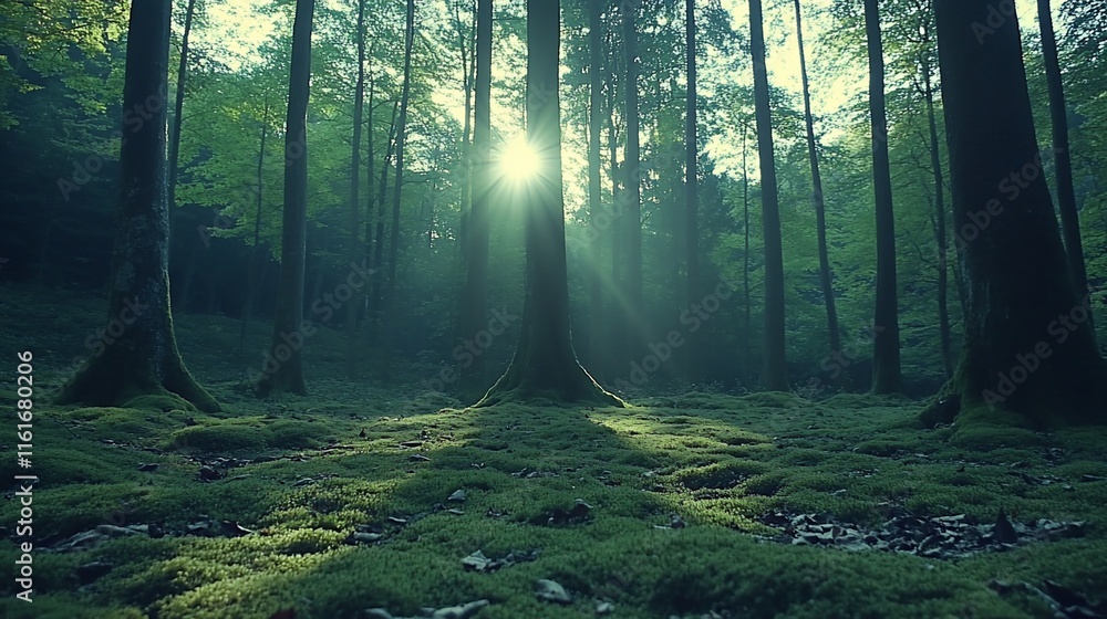 Obraz premium Sunbeams illuminate mossy forest floor.
