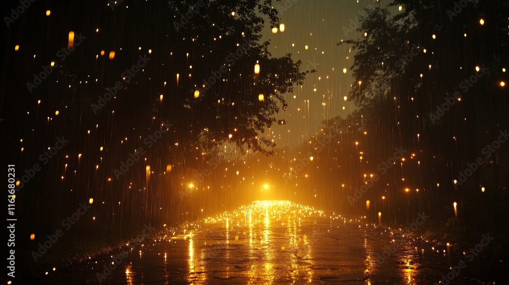 Naklejka premium rainfall dissolves into glowing radiant cosmic designs., Generative AI