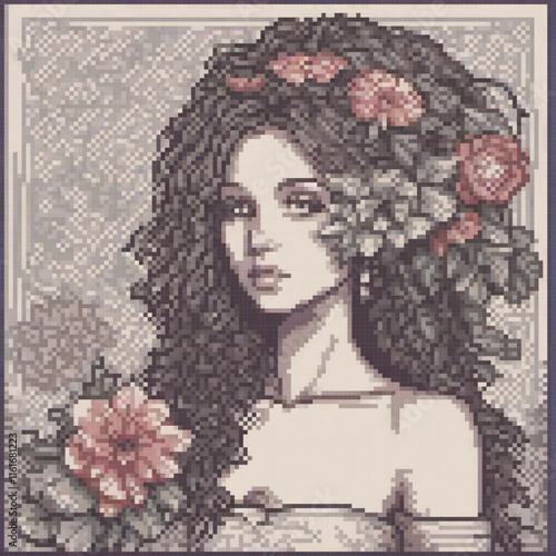 Cute pixel art cross stitch of a woman with floral hair accessories.