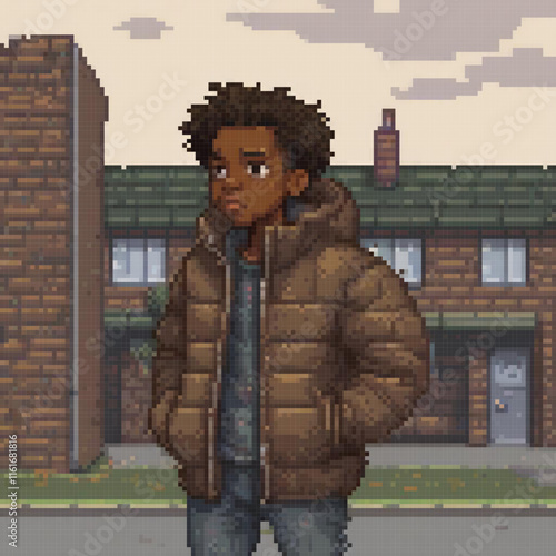 Pixel art depicting a man in front of a brick building, perfect for retro-themed spaces.