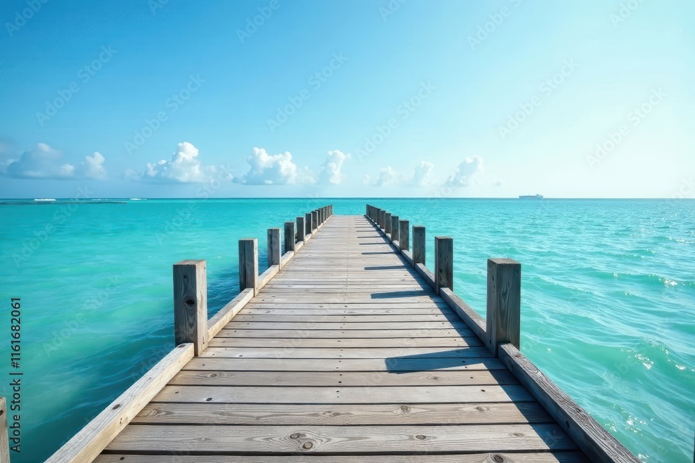 Rustic gray wooden pier extends over tranquil blue sea under bright sky , marine, landscape Rustic gray wooden pier extends over tranquil blue sea under bright sky , marine, landscape