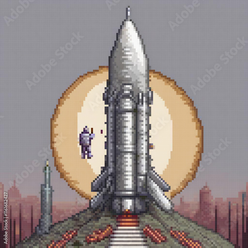 Pixel art of a space shuttle soaring above a bustling cityscape.