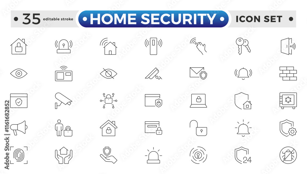 Set of Home Security web icons in line style. Guard, cyber security, password, smart home, safety, data protection, key, shield, lock, unlock, eye access. Security editable stroke outline icon. Set of Home Security web icons in line style. Guard, cyber security, password, smart home, safety, data protection, key, shield, lock, unlock, eye access. Security editable stroke outline icon.
