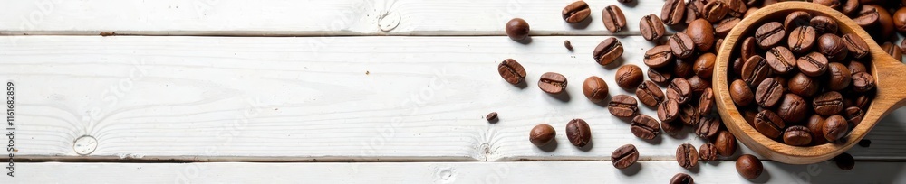 Fototapeta premium Super-foamy Dalgona, coffee beans scattered, white & oak backdrop , cozy, coffee
