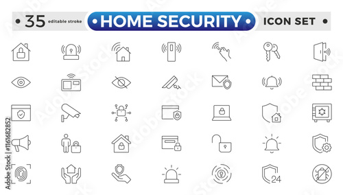Set of Home Security web icons in line style. Guard, cyber security, password, smart home, safety, data protection, key, shield, lock, unlock, eye access. Security editable stroke outline icon. 