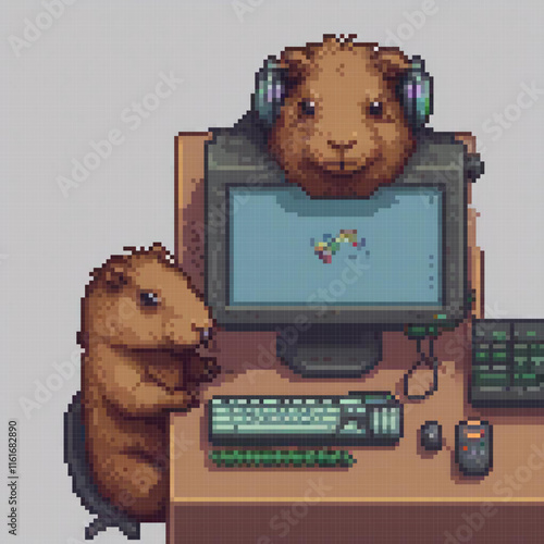 Pixel art of adorable guinea pigs at a desk, computer in view.