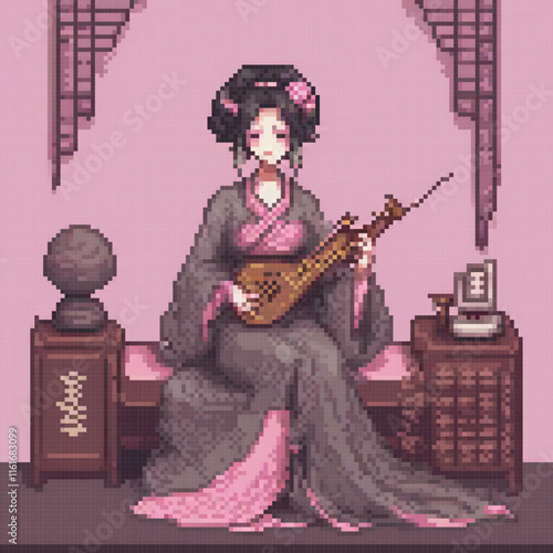 Traditional Japanese woman serenades with mandolin in vibrant kimono.