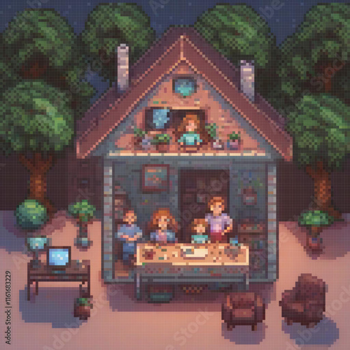 Pixel art depicts a cozy house with friends gathered around a table.