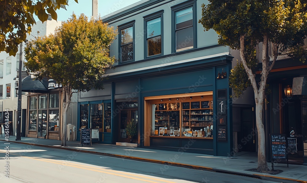 A charming storefront with large windows and outdoor seating on a sunny street. A charming storefront with large windows and outdoor seating on a sunny street.