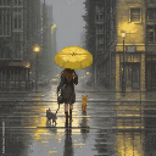 Pixel art of a woman and her dog enjoying a rainy day with an umbrella.