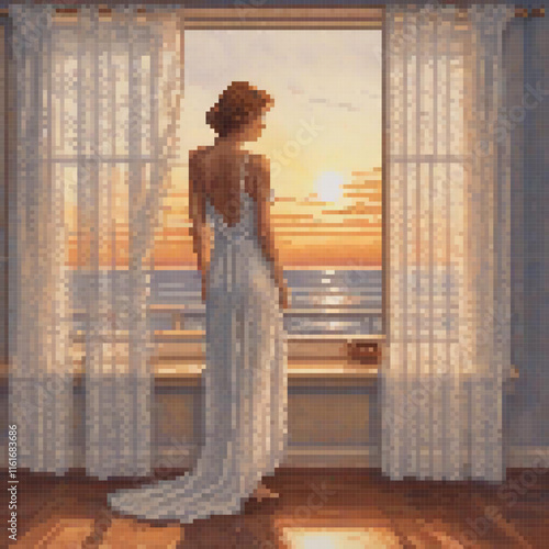 Elegant woman gazing at the sea in a white gown, pixel art style.