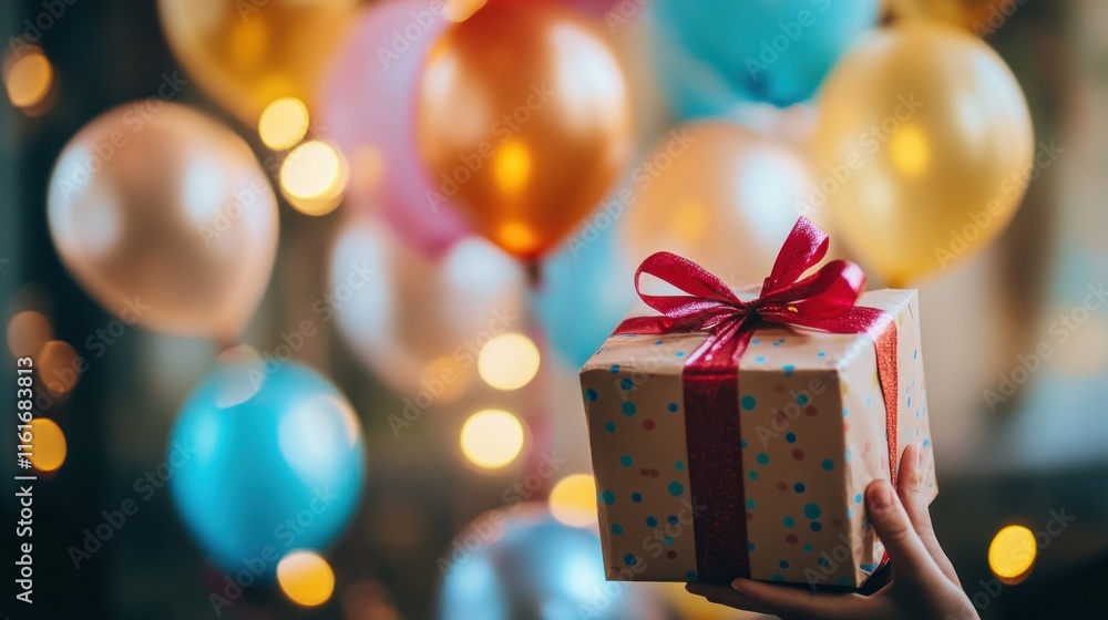 A child opening a birthday gift, colorful balloons in the background