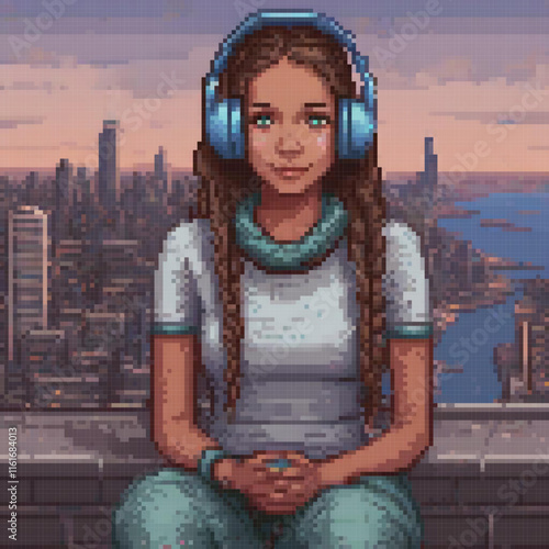 Pixel art girl with headphones on a building rooftop