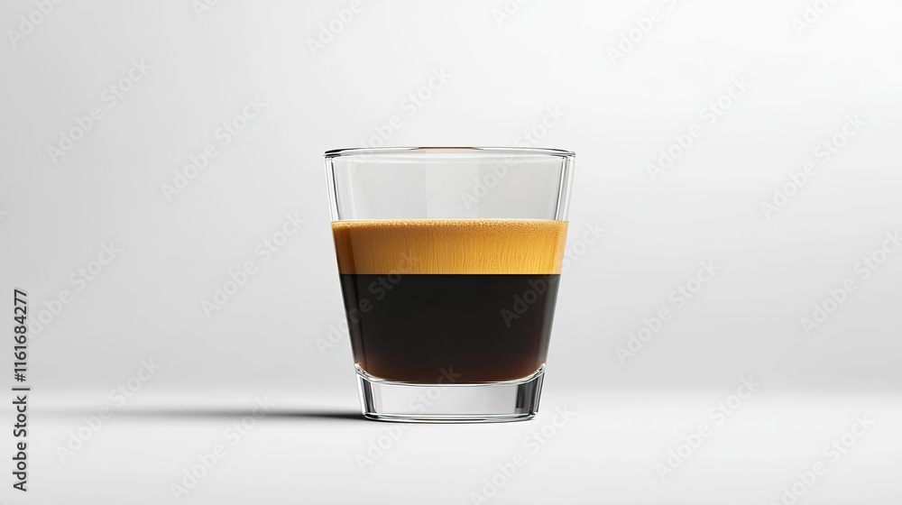 Close-up of a single espresso shot in a clear glass, showcasing the crema and dark coffee layers against a bright white background. Close-up of a single espresso shot in a clear glass, showcasing the crema and dark coffee layers against a bright white background.