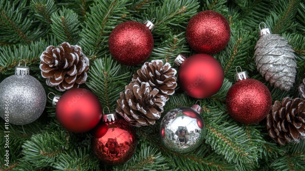 Festive Christmas Ornaments and Pine Cones on Evergreen Branches