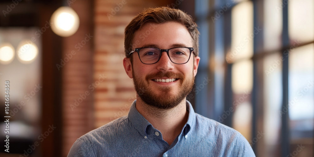 Fototapeta premium smiling man with glasses in modern office setting, showcasing friendly demeanor and professional appearance. background features warm lighting and brick walls