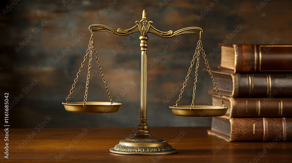 A classic brass balance scale on a wooden table beside stacked books. A classic brass balance scale on a wooden table beside stacked books.