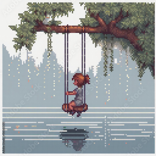 Cute pixel art girl swinging on a serene lake.