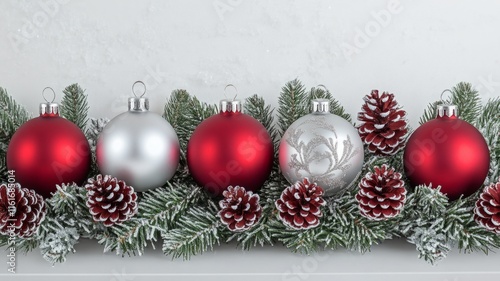 Festive Christmas Ornament Arrangement with Red and Silver Balls photo