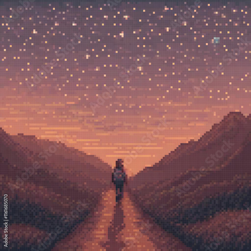 Pixel art depicting a lone traveler on a dusty path under a starlit sky.