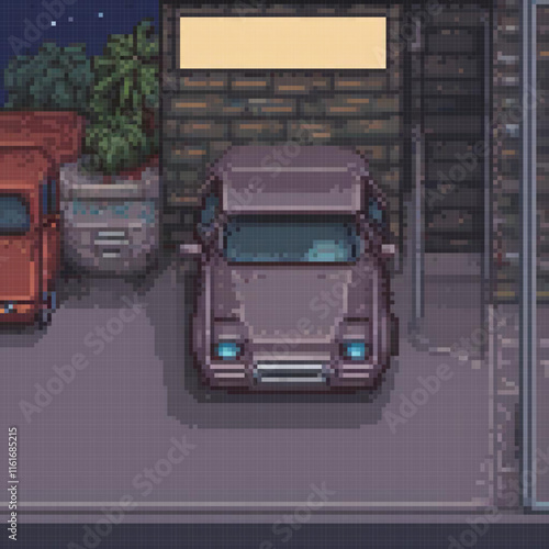 Pixel art of a car parked in front of a building