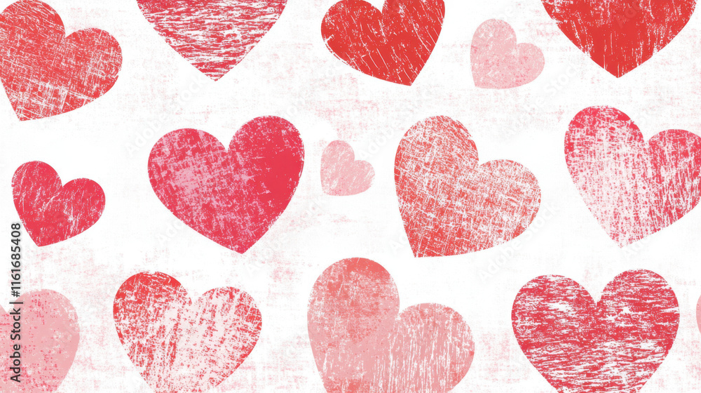 Seamless pattern of hand drawn hearts in various shades of red and pink, perfect for Valentine Day celebrations and romantic themes Seamless pattern of hand drawn hearts in various shades of red and pink, perfect for Valentine Day celebrations and romantic themes