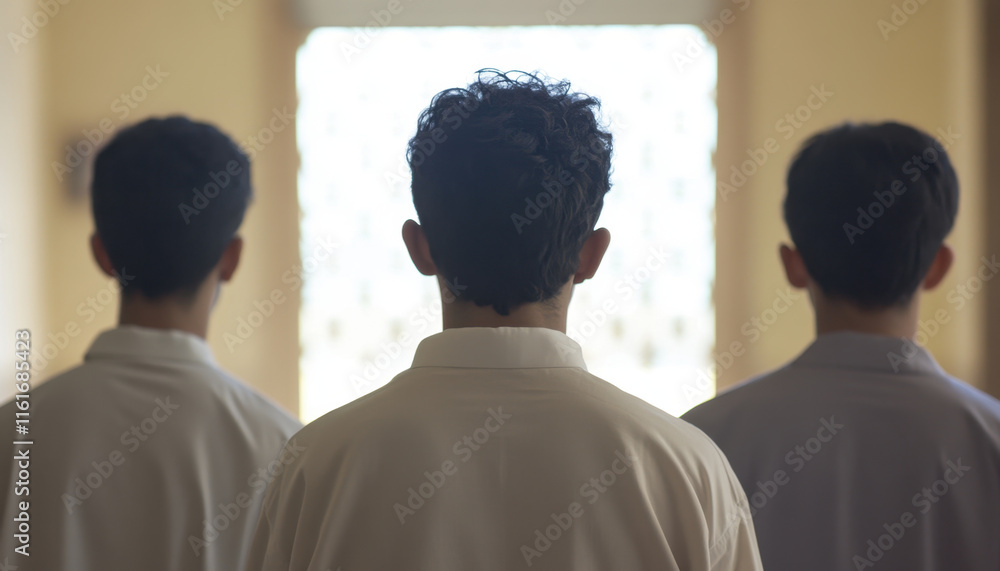 Obraz premium Several young men are standing in mosque, praying together in serene atmosphere. Their focus and unity create sense of peace and spirituality