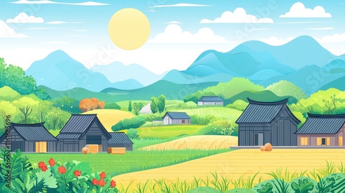 Rural Japanese Village with Mountain View and Sun photo