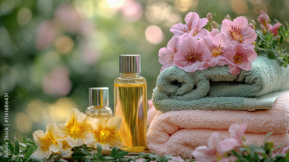 Luxurious spa products with folded towels, body oils, and flowers create serene atmosphere. Perfect for relaxation and self care moments Luxurious spa products with folded towels, body oils, and flowers create serene atmosphere. Perfect for relaxation and self care moments