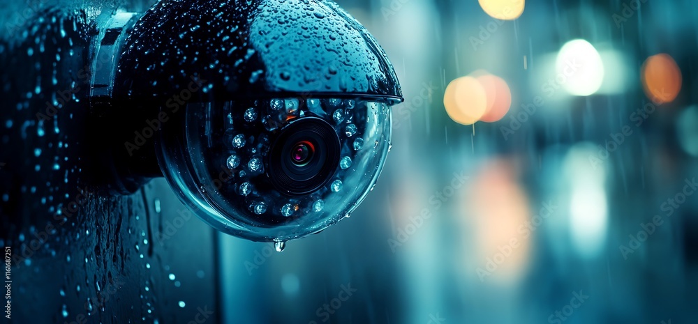 A close-up of a surveillance camera in the rain, highlighting security measures. A close-up of a surveillance camera in the rain, highlighting security measures.